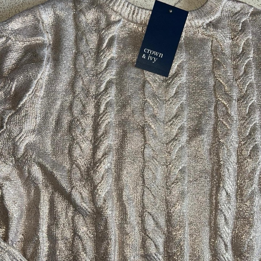 Crown & Ivy Cable Knit Gold Metallic Sweater - Size PM (Petite Medium) NWT - Picture 8 of 9